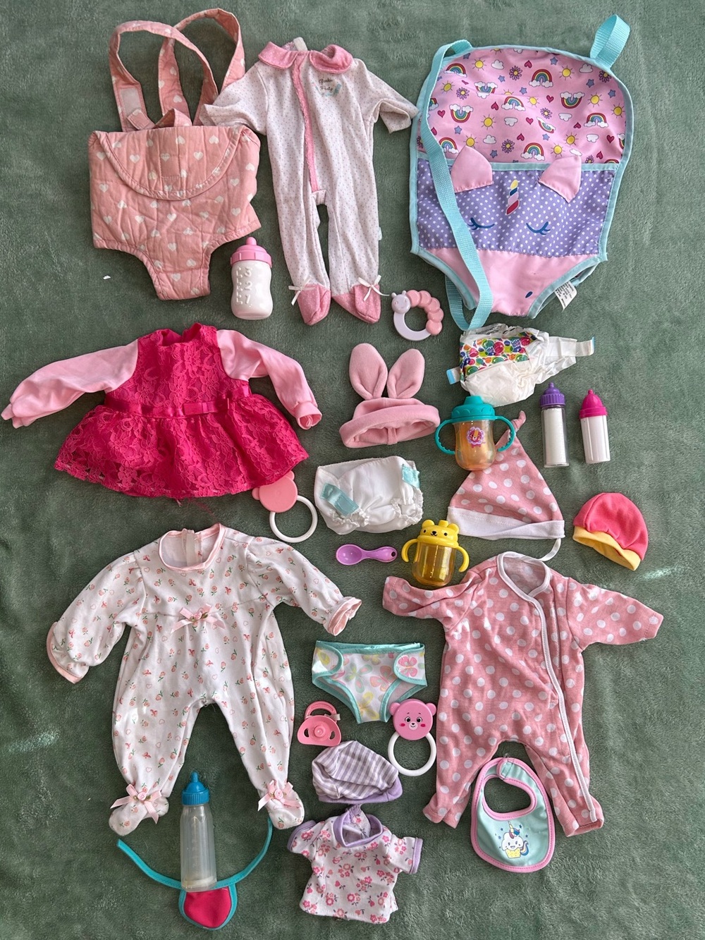 Baby Doll Clothes & Accessories one piece outfits hats diapers bottles bag Lot